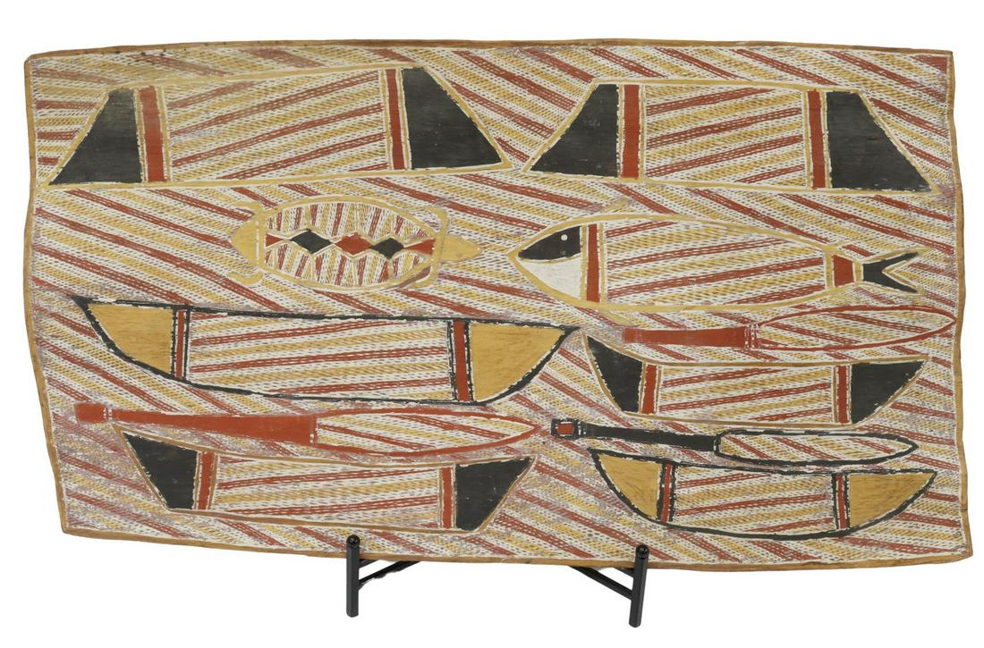 PETER MONDJINJU (20TH C.) ABORIGINAL BARK ART 37"H (1 of 3)