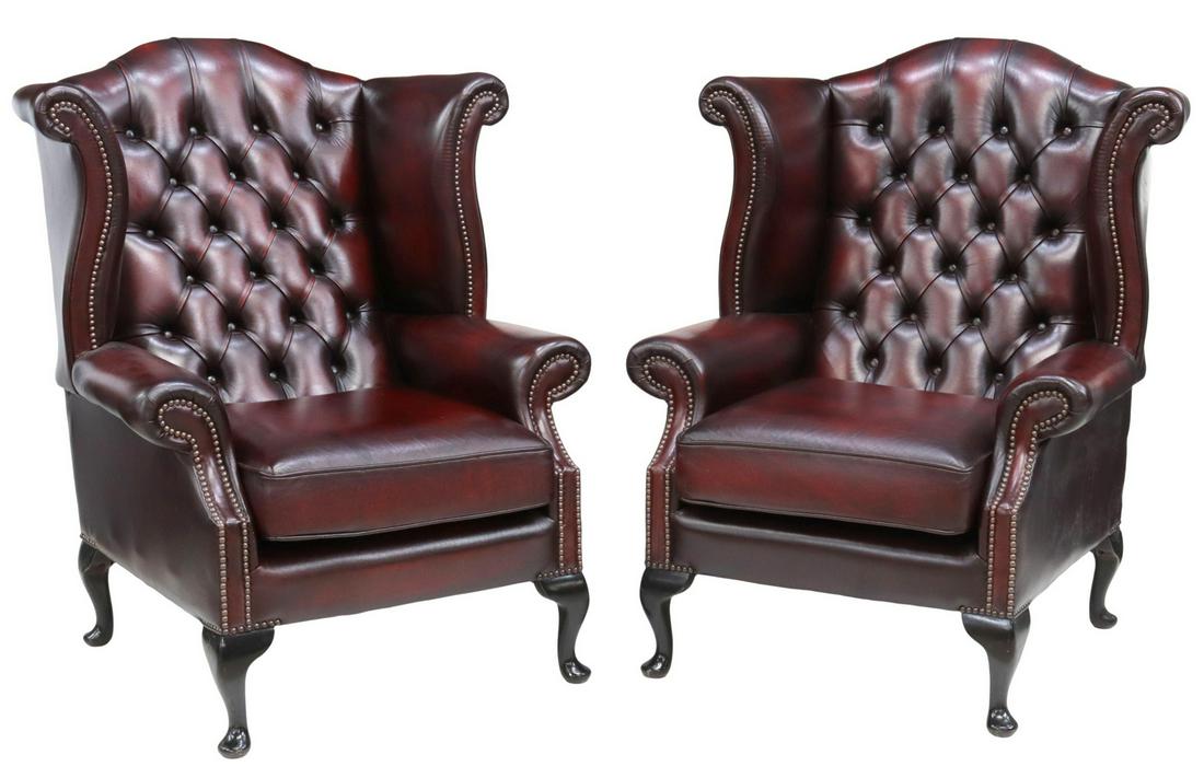 (2) QUEEN ANNE STYLE LEATHER WINGBACK ARMCHAIRS (1 of 3)