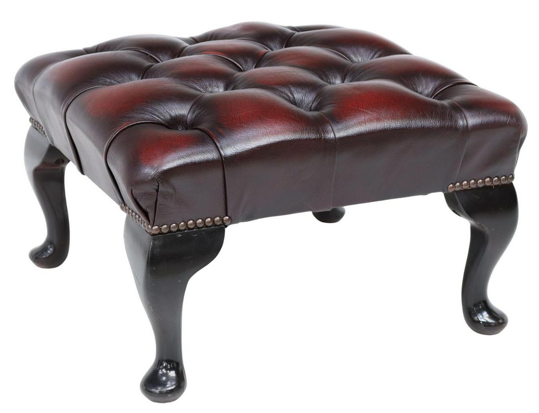 ENGLISH QUEEN ANNE STYLE TUFTED LEATHER FOOTSTOOL (1 of 3)
