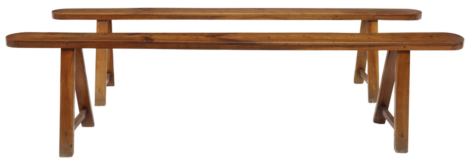 (2) FRENCH PROVINCIAL FRUITWOOD TRESTLE BENCHES (1 of 3)