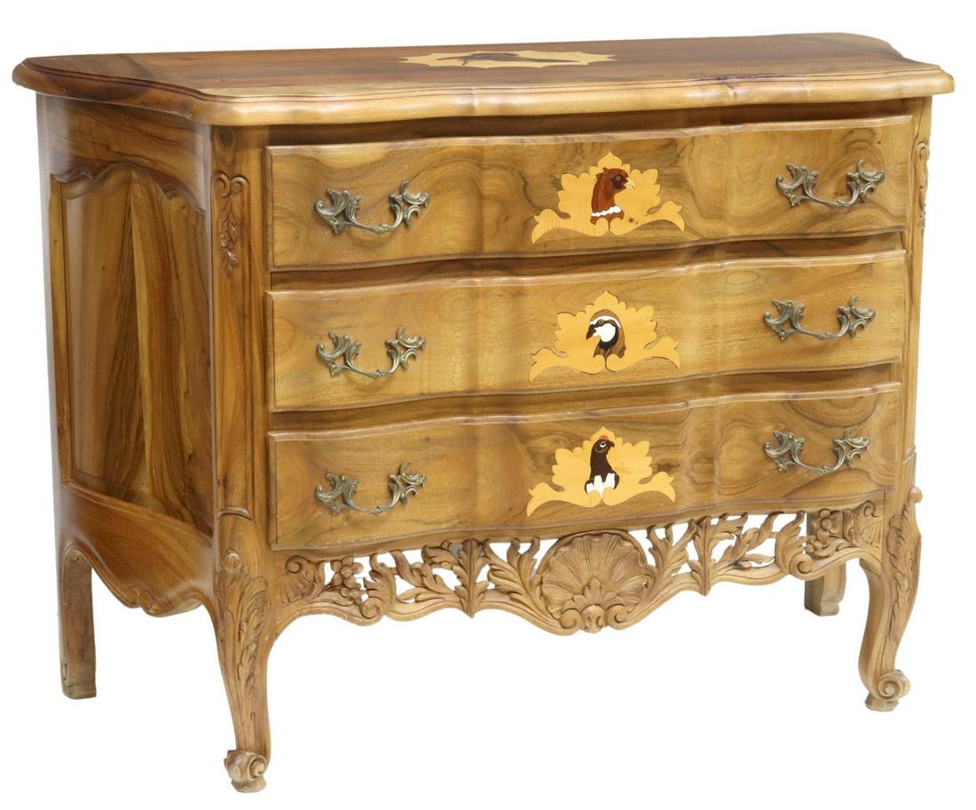 LOUIS XV STYLE WALNUT COMMODE W/ BIRD MARQUETRY (1 of 7)