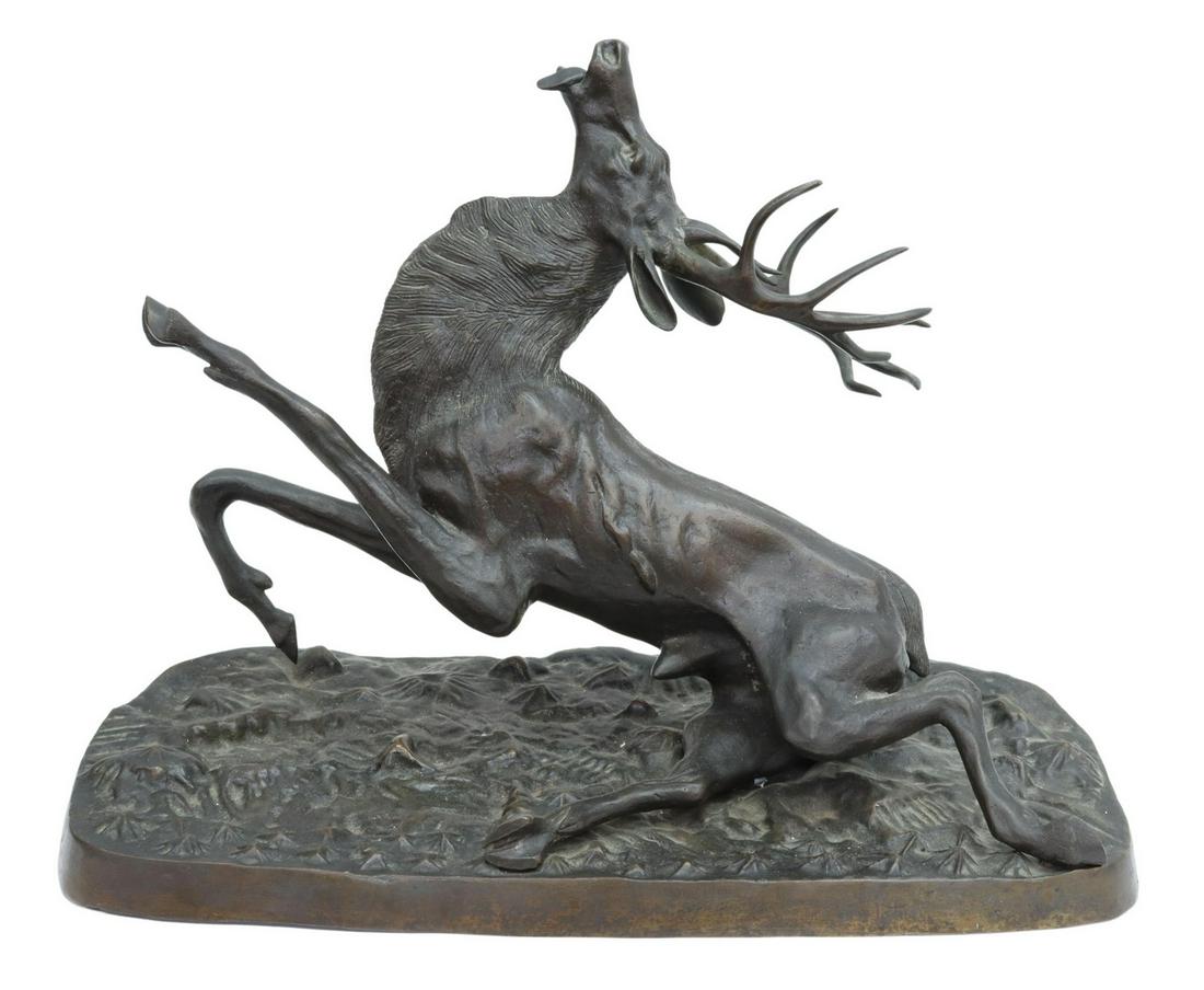 PATINATED BRONZE WOUNDED STAG SCULPTURE (1 of 3)