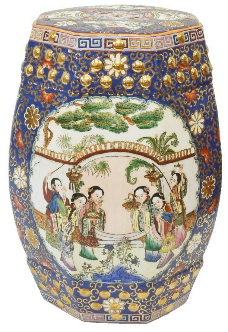 CHINESE FAMILLE ROSE PORCELAIN GARDEN STOOL: Chinese famille rose parcel gilt garden stool, hexagonal form, with pierced top, blue ground decorated with figural reserves, foliates and bird motifs, approx 19"h, 14"diam Start Price: $125.00