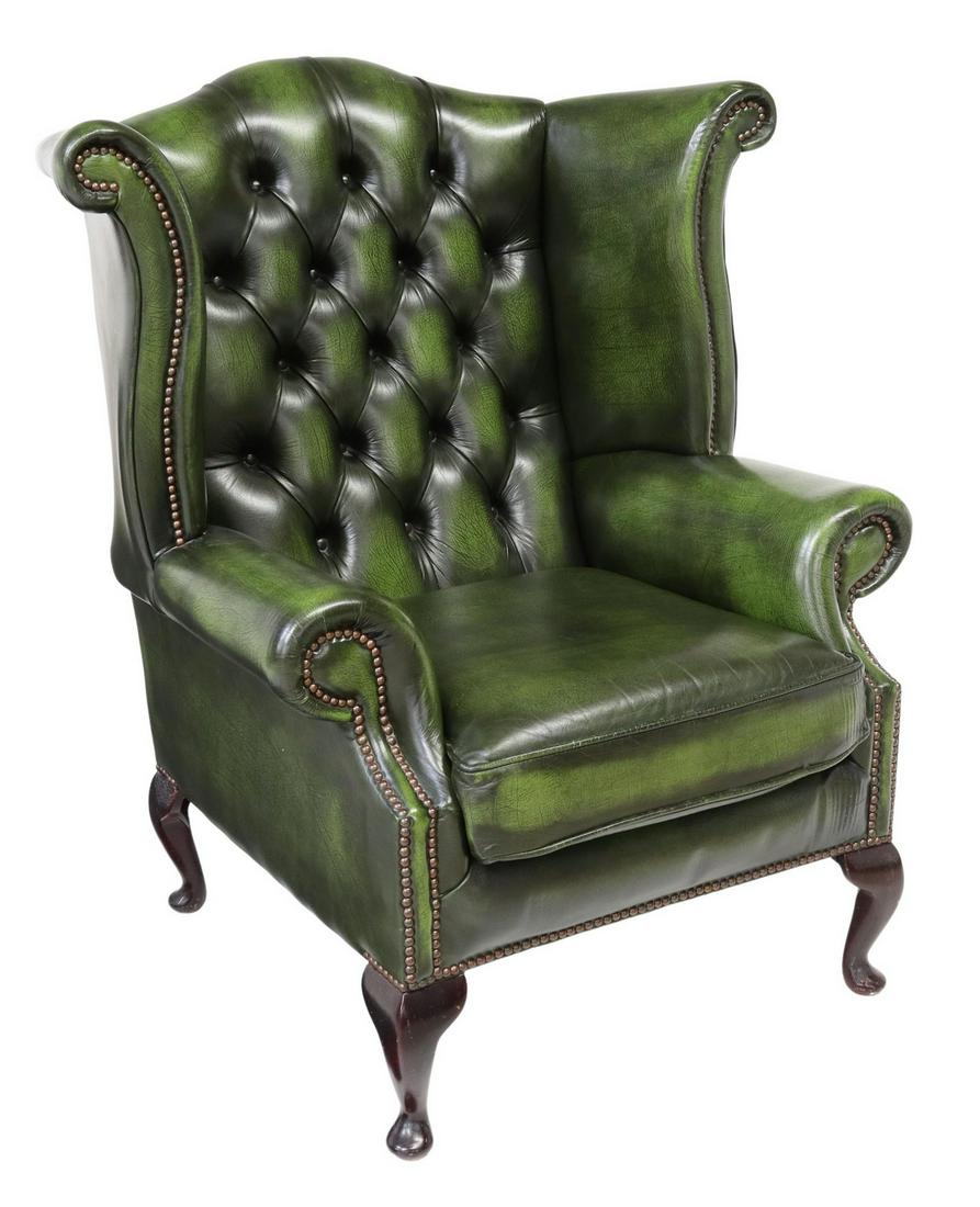 QUEEN ANNE STYLE GREEN LEATHER WINGBACK ARMCHAIR (1 of 3)