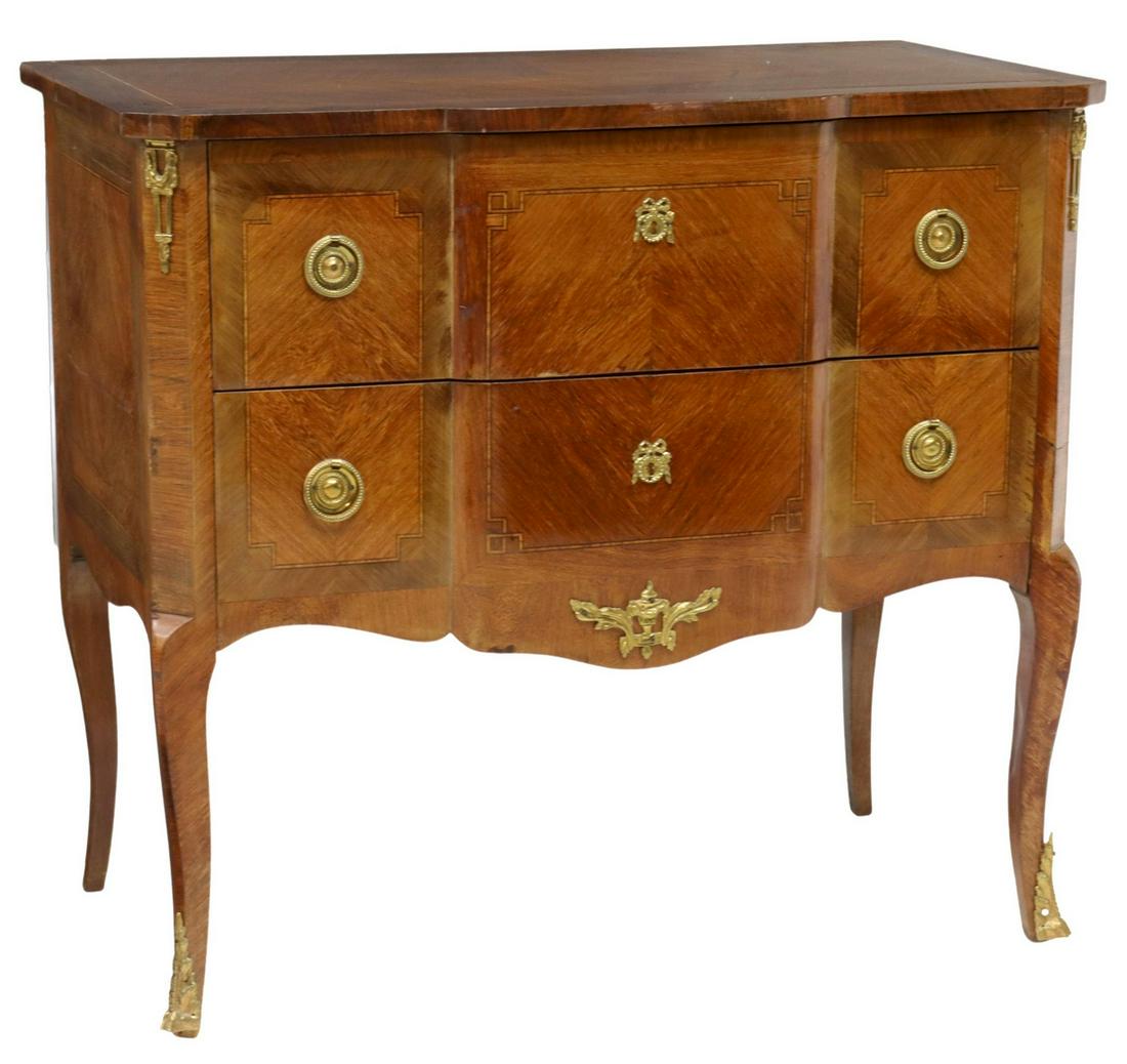 FRENCH LOUIS XV STYLE MAHOGANY BREAKFRONT COMMODE: French Louis XV style mahogany commode, early 20th c., banded top, over two drawers with string inlay, rising on transitional cabriole legs, ending in sabots, approx 32.25"h, 35.75"w, 19.75"d Start Pr