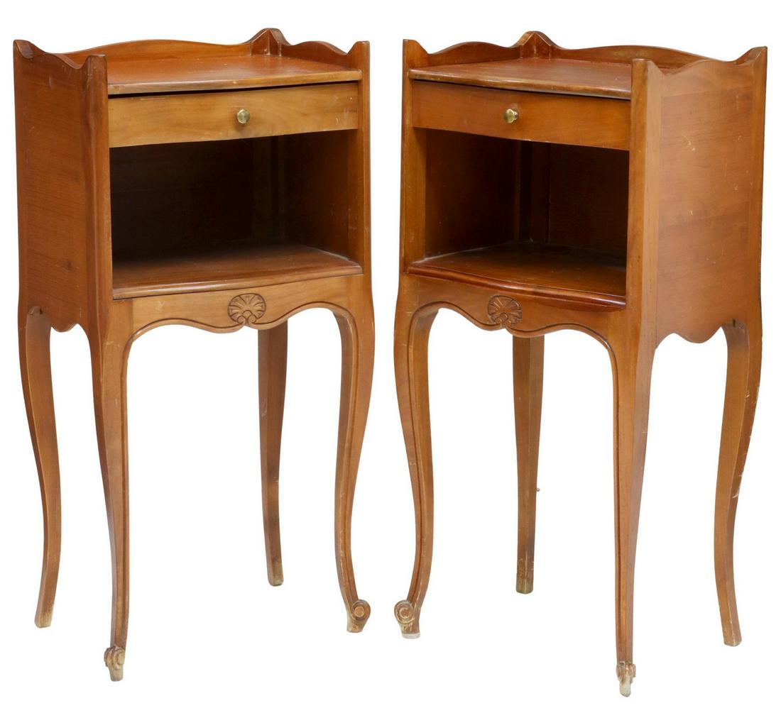 (2) FRENCH LOUIS XV STYLE FRUITWOOD NIGHTSTANDS: (pair) French Louis XV style fruitwood nightstands, 20th c., each having raised gallery top, single drawer over open niche, apron with carved shell motif, rising on cabriole legs, ending in whorl feet