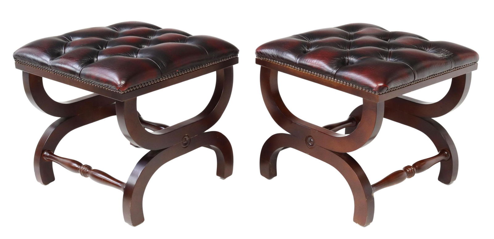 (2) ENGLISH BUTTONED OXBLOOD LEATHER OTTOMANS (1 of 3)