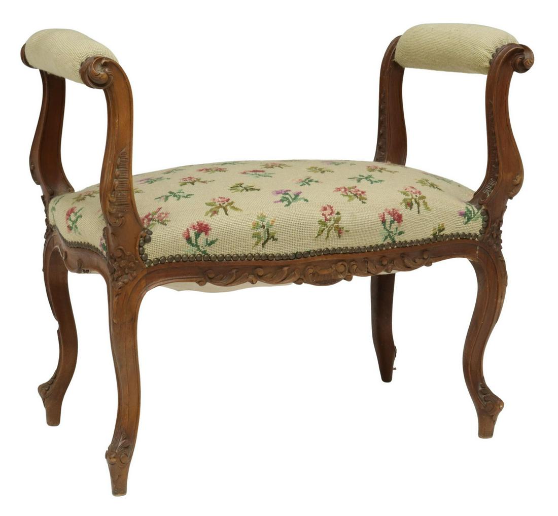 FRENCH LOUIS XV STYLE WALNUT NEEDLEPOINT BENCH (1 of 3)
