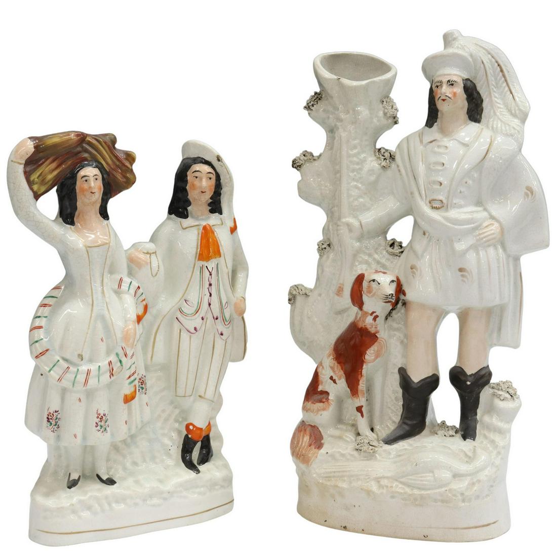 (2) ENGLISH VICTORIAN STAFFORDSHIRE MANTEL FIGURES: (lot of 2) English Staffordshire figural garnitures, mid to late 19th c., including: (1) depicting man and woman in Scottish dress at harvest time, crazing, small chips, approx 12.5"h, 9.5"w, 3"d, (1)