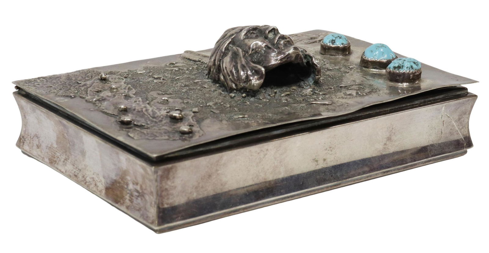 835 SILVER BOX W/ NATIVE AMERICAN BUST, TURQUOISE (1 of 8)