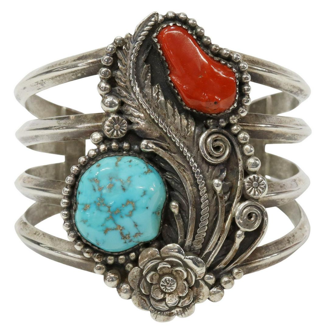 SOUTHWEST TURQUOISE RED CORAL CUFF BRACELET (1 of 5)
