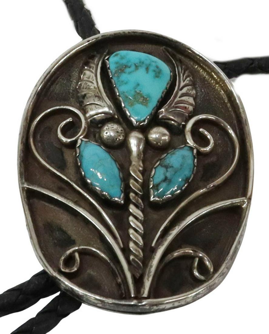 NATIVE AMERICAN SILVER & TURQUOISE BOLO TIE (1 of 5)