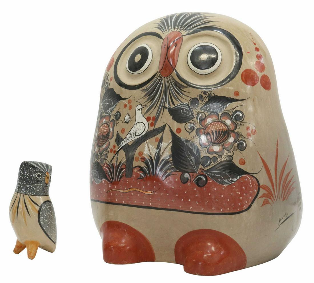 (2) MEXICAN TONALA FOLK ART POTTERY OWL FIGURES (1 of 6)