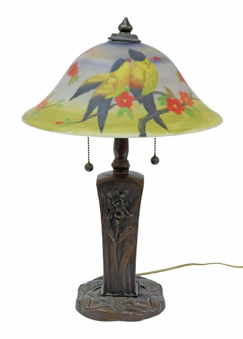 REVERSE PAINTED TWO LIGHT TABLE LAMP, LATE 20TH C. (1 of 3)