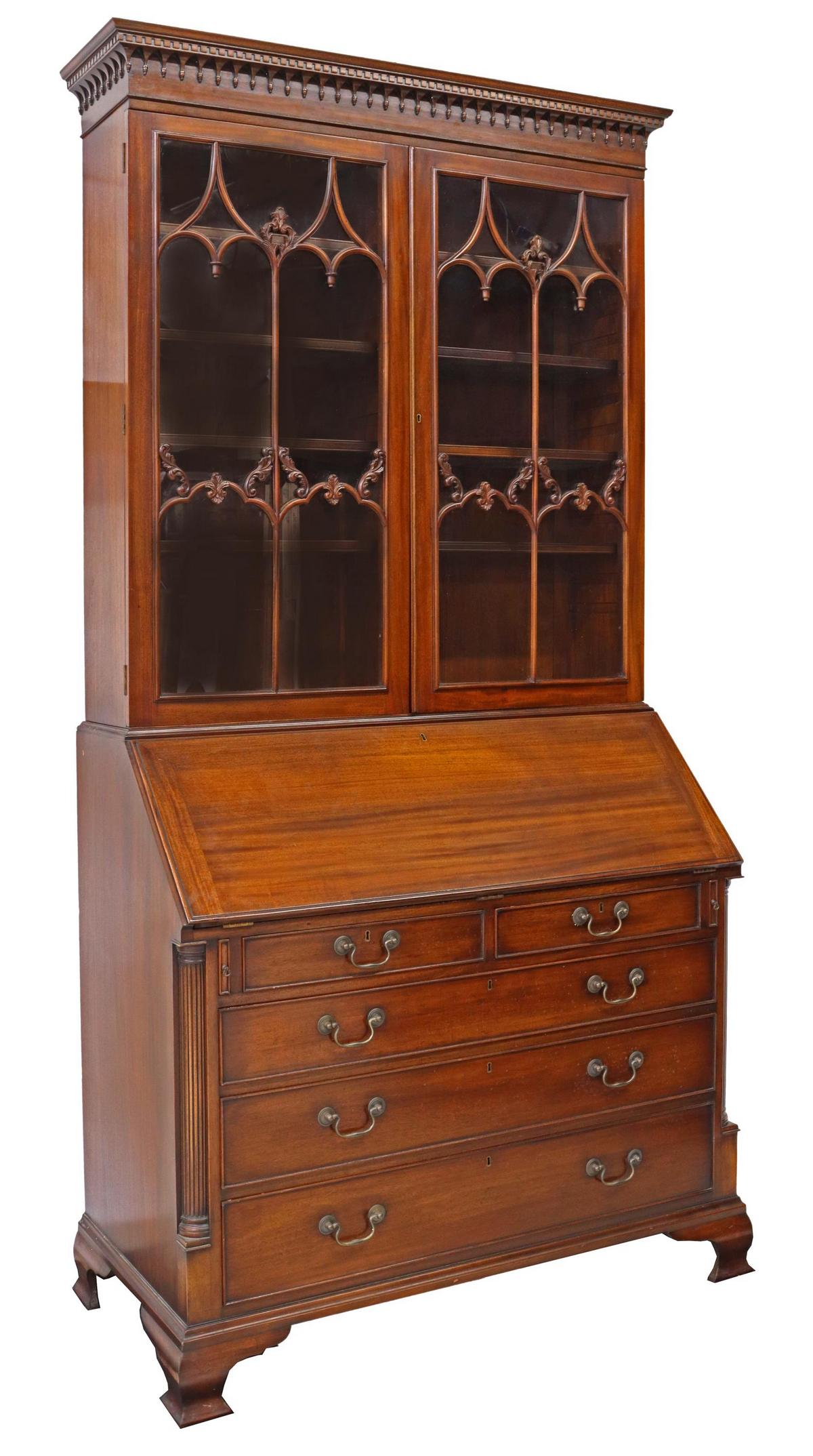 ENGLISH GEORGIAN STYLE MAHOGANY SECRETARY BOOKCASE: English Georgian style mahogany secretary bookcase, late 20th c., molded cornice, two mullion-faced glazed doors, adjustable-height shelves, slant front opening to embossed leather writing surface, fi