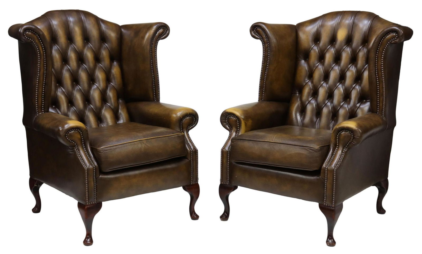 (2) QUEEN ANNE STYLE LEATHER WINGBACK ARMCHAIRS (1 of 3)