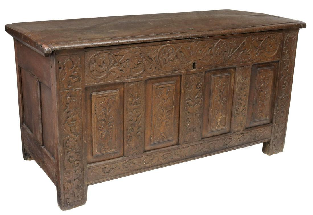 ENGLISH CARVED OAK COFFER/ BRIDE'S CHEST (1 of 5)