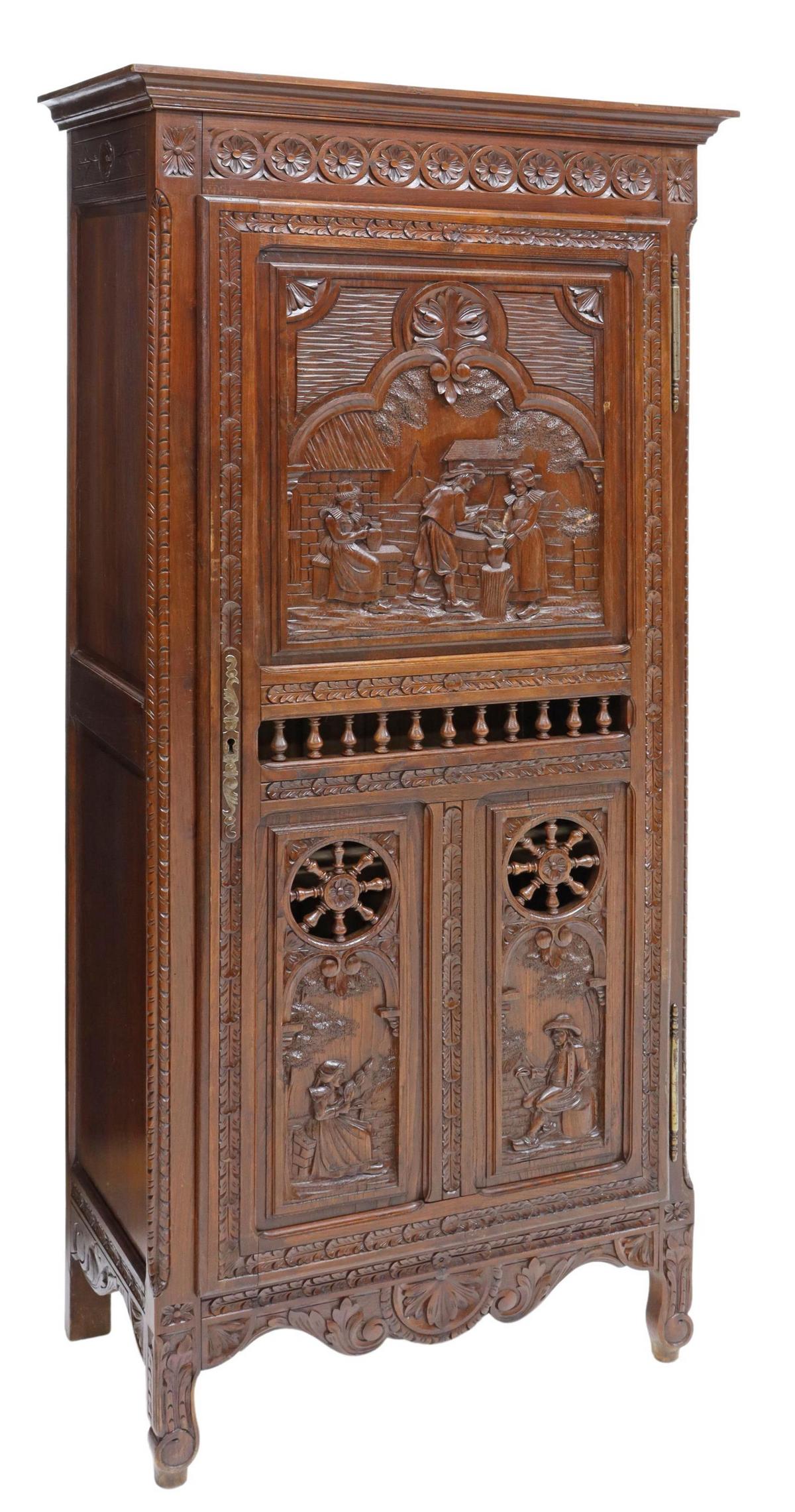 FRENCH BRETON FIGURAL CARVED OAK CABINET CUPBOARD (1 of 6)