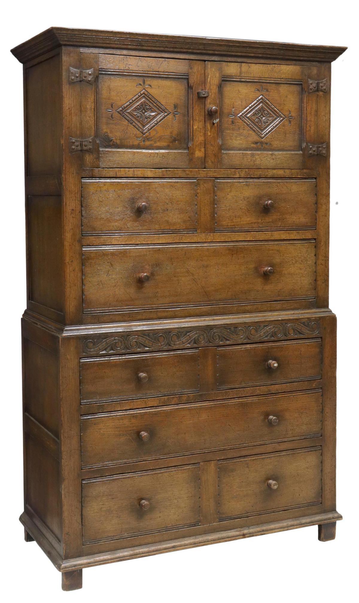 ENGLISH CARVED OAK MILLINERY CHEST ON CHEST (1 of 5)