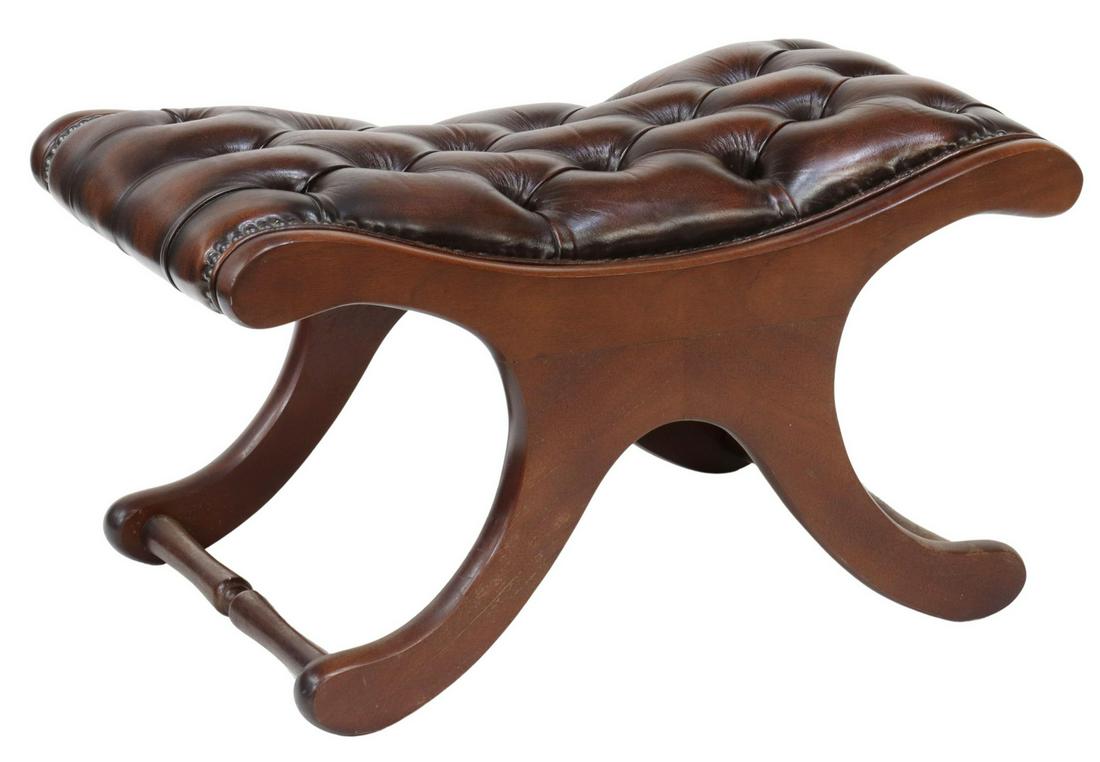 ENGLISH MAHOGANY & TUFTED LEATHER FOOTSTOOL (1 of 4)