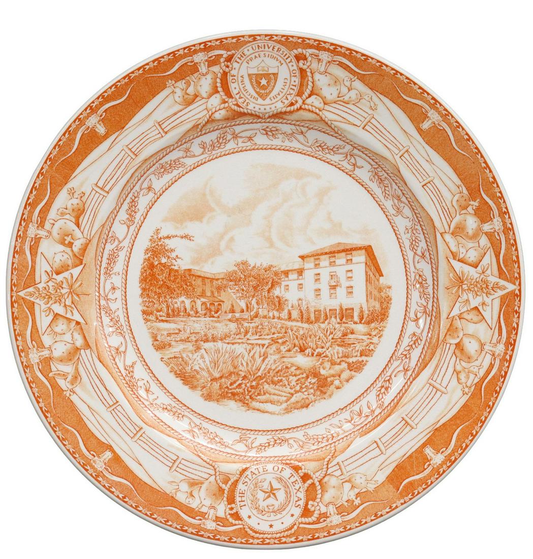 WEDGWOOD UT 'LITTLEFIELD DORM' COMMEMORATIVE PLATE: Wedgwood commemorative University of Texas plate, burnt orange on a white ground, a detailed transfer of the "Littlefield Dormitory," a rope and bluebonnet design frame the scene with the University o