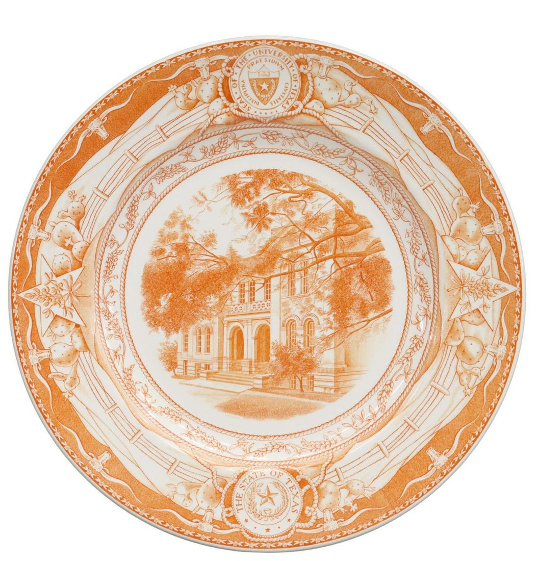 WEDGWOOD UT 'LAW SCHOOL' COMMEMORATIVE PLATE: Wedgwood commemorative University of Texas plate, burnt orange on a white ground, a detailed transfer of the "Law School," a rope and bluebonnet design frame the scene with the University of Texas sea