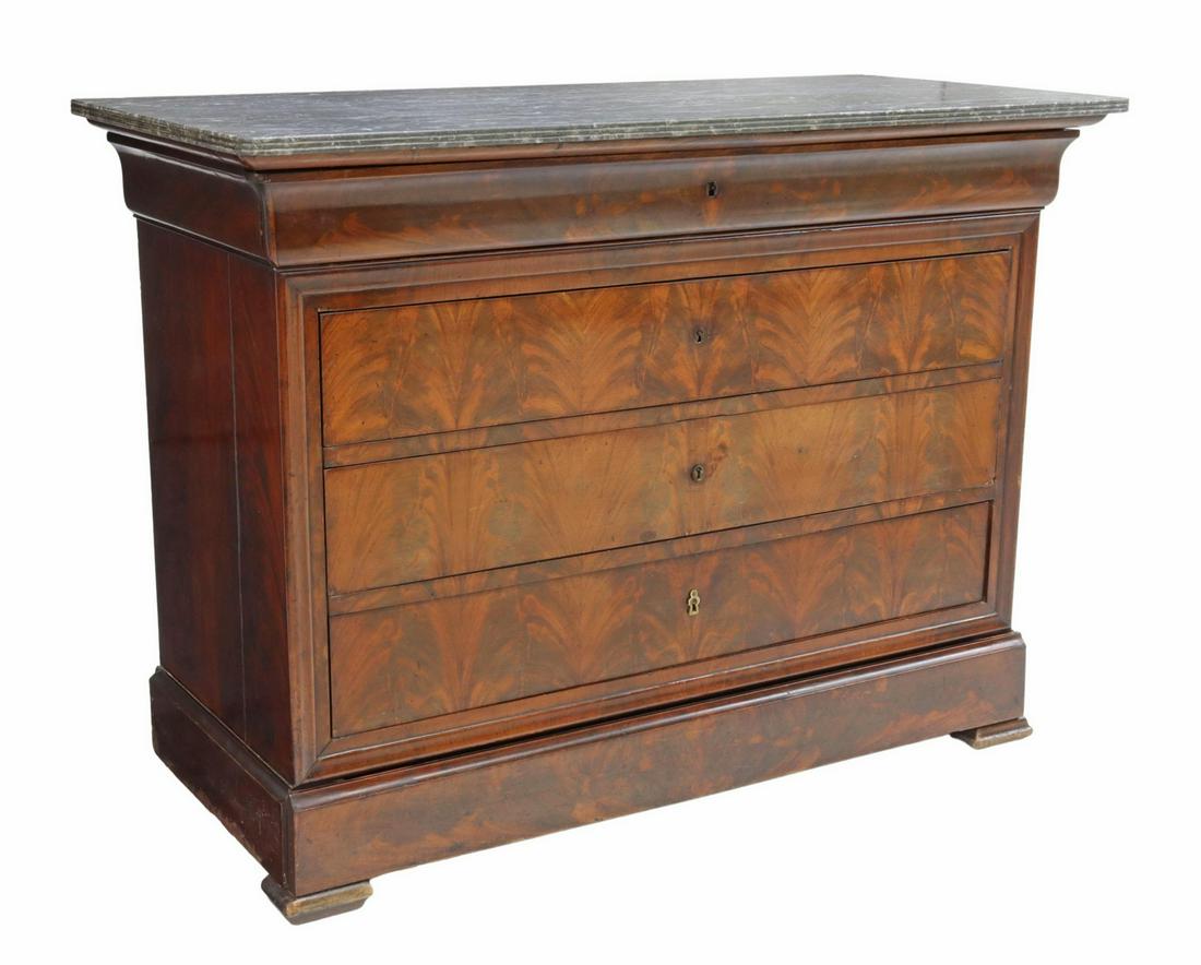 FRENCH LOUIS PHILIPPE MARBLE-TOP MAHOGANY COMMODE: French Louis Philippe period marble-top mahogany commode, mid 19th c., having single ogee drawer, over three additional drawers, with concealed bottom drawer, rising on bracket feet, approx 37.5"h, 50