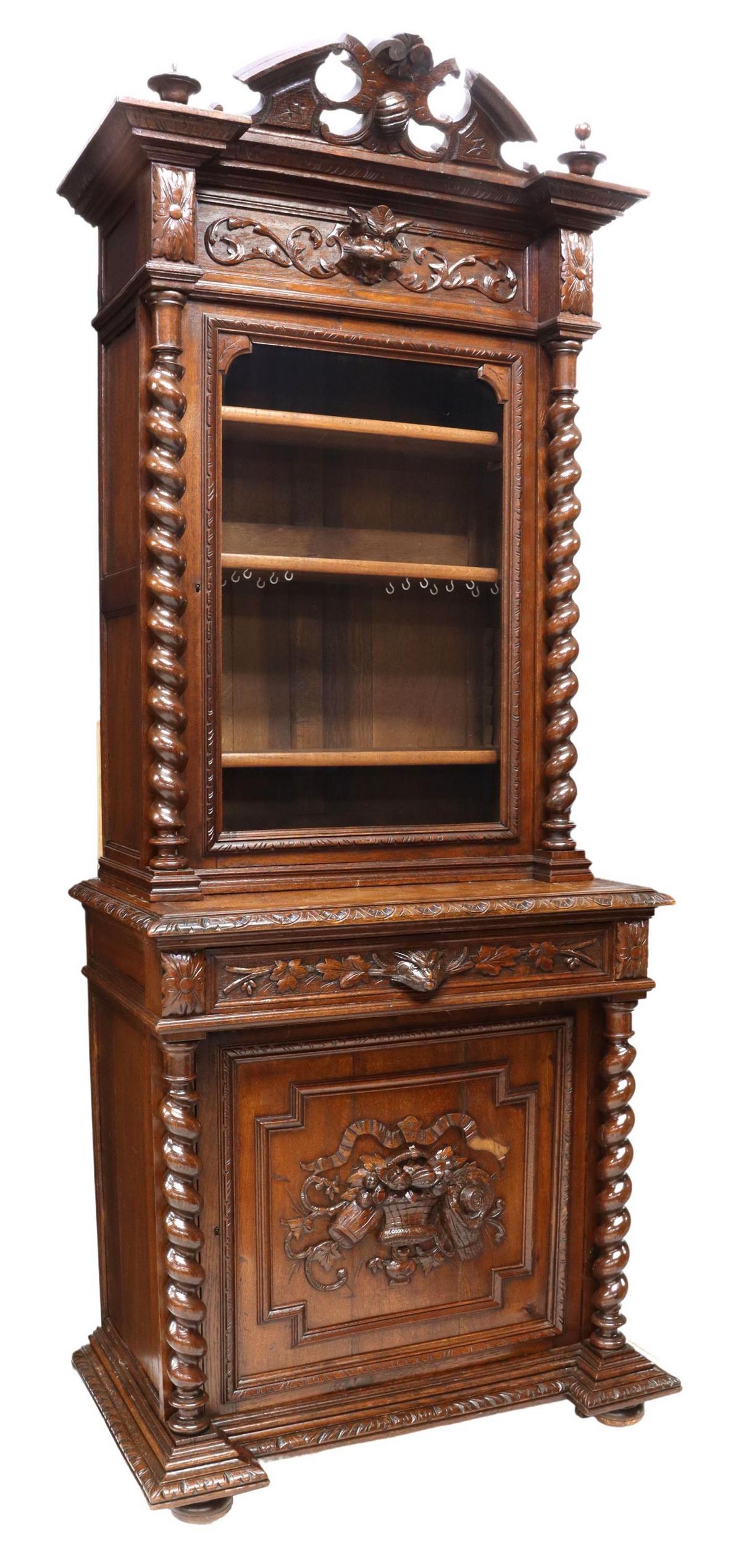 FRENCH HENRI II STYLE CARVED OAK STEPBACK CABINET (1 of 6)