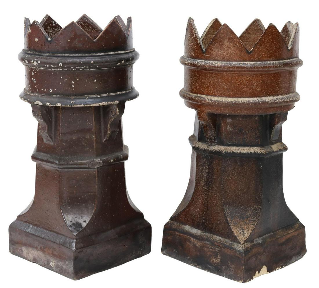 (2) ENGLISH TERRACOTTA TURRET-FORM CHIMNEY POTS (1 of 3)