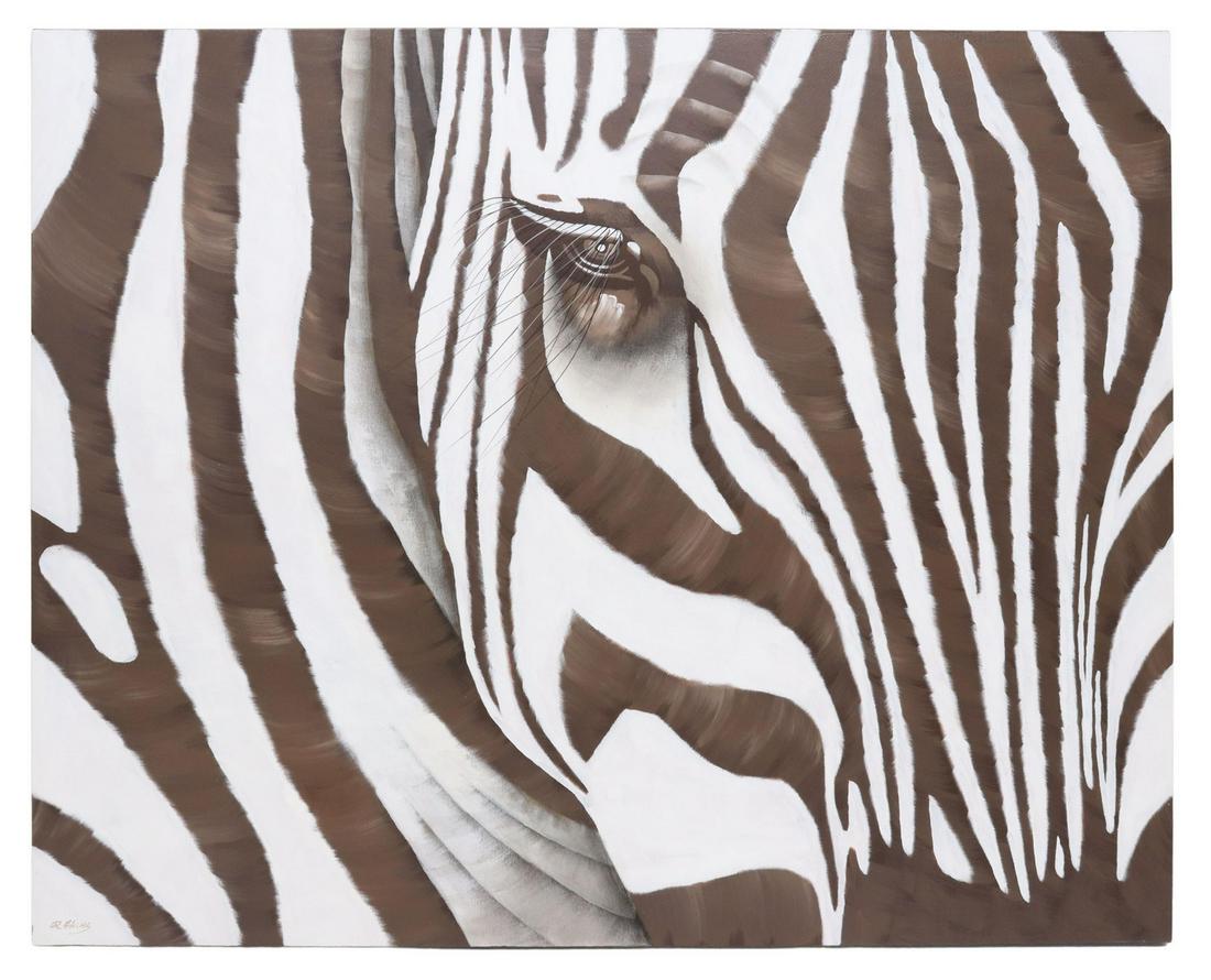DECORATIVE R. ATKINS ZEBRA PAINTING, 48" X 60": Unframed painting on stretched canvas, Zebra, signed lower left R. Atkins, approx 48"h, 60"w, 10lbs Start Price: $150.00
