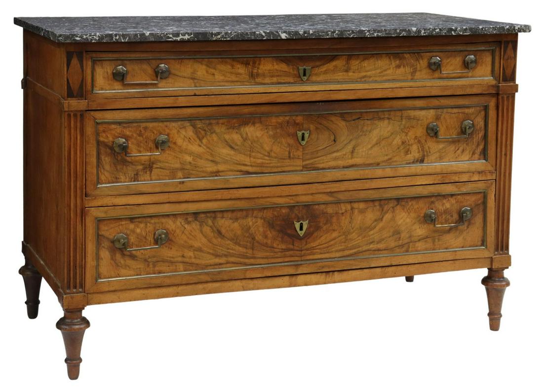FRENCH LOUIS XVI STYLE MARBLE-TOP WALNUT COMMODE (1 of 5)