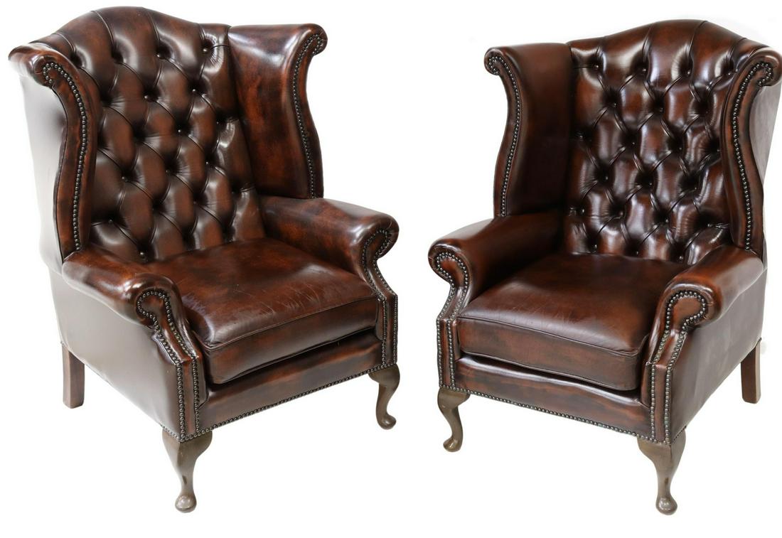 (2) QUEEN ANNE STYLE LEATHER WINGBACK ARMCHAIRS (1 of 3)