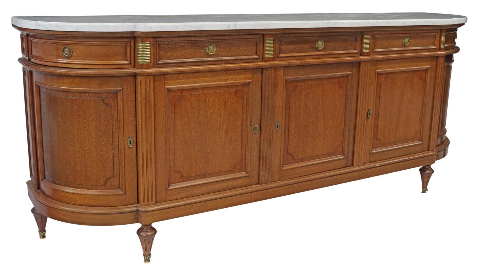LOUIS XVI STYLE MARBLE-TOP MAHOGANY SIDEBOARD: French Louis XVI style marble-top mahogany sideboard, 20th c., having shaped marble top, over case fitted with five drawers and cabinet doors, flanked by fluted corner posts, rising on tapered legs, e