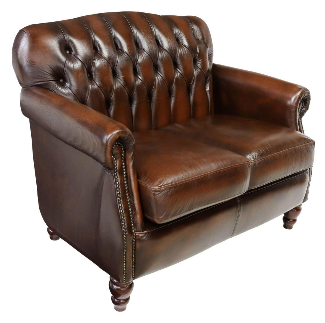 ENGLISH BUTTONED BROWN LEATHER LOVESEAT SOFA (1 of 3)
