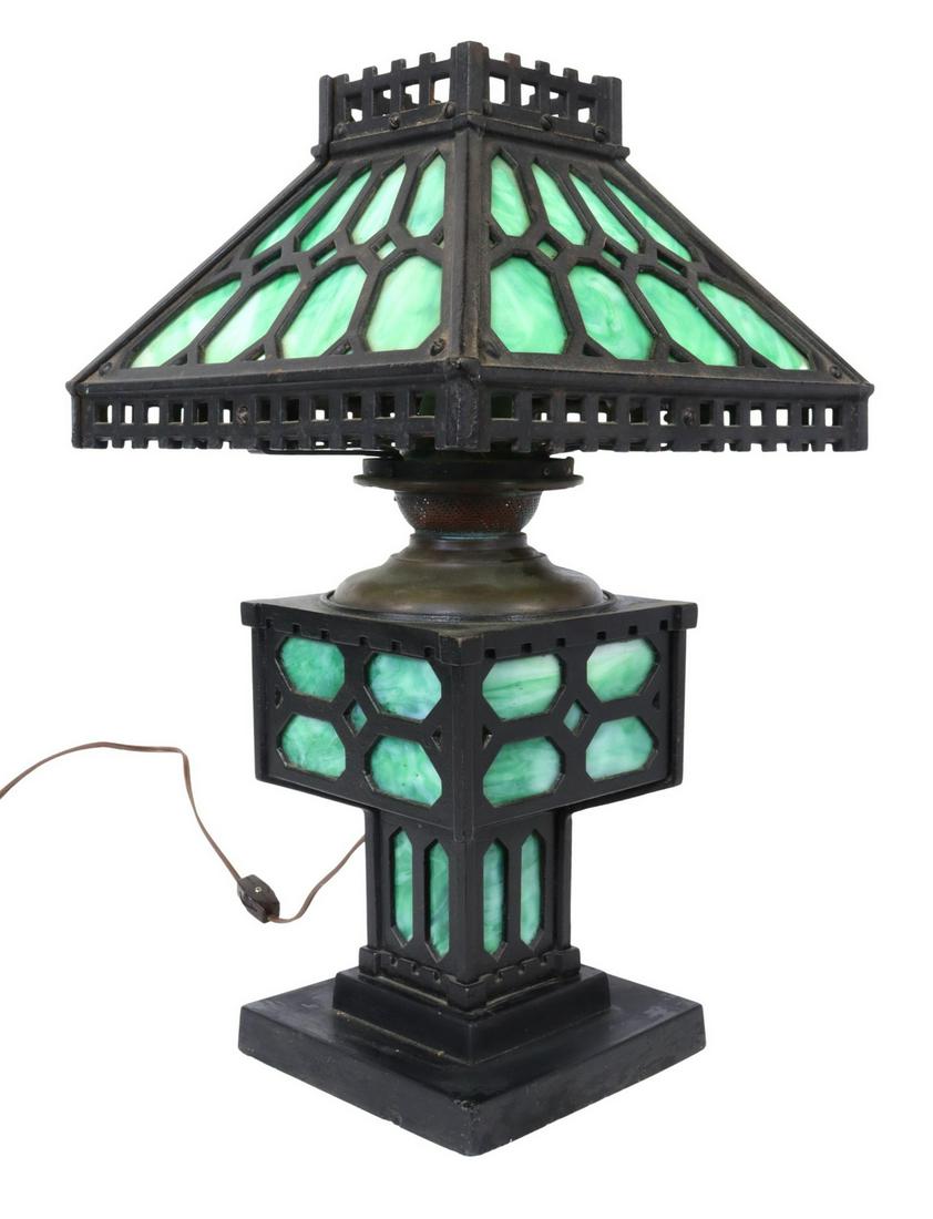 AMERICAN ARTS & CRAFTS IRON SLAG GLASS LAMP (1 of 4)