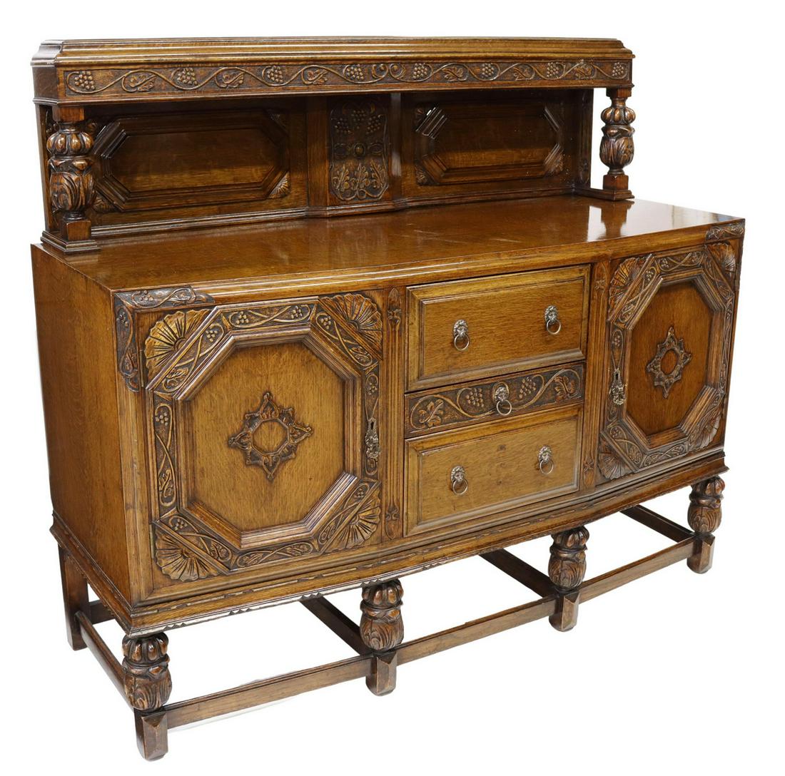 ENGLISH JACOBEAN REVIVAL CARVED OAK SIDEBOARD (1 of 8)