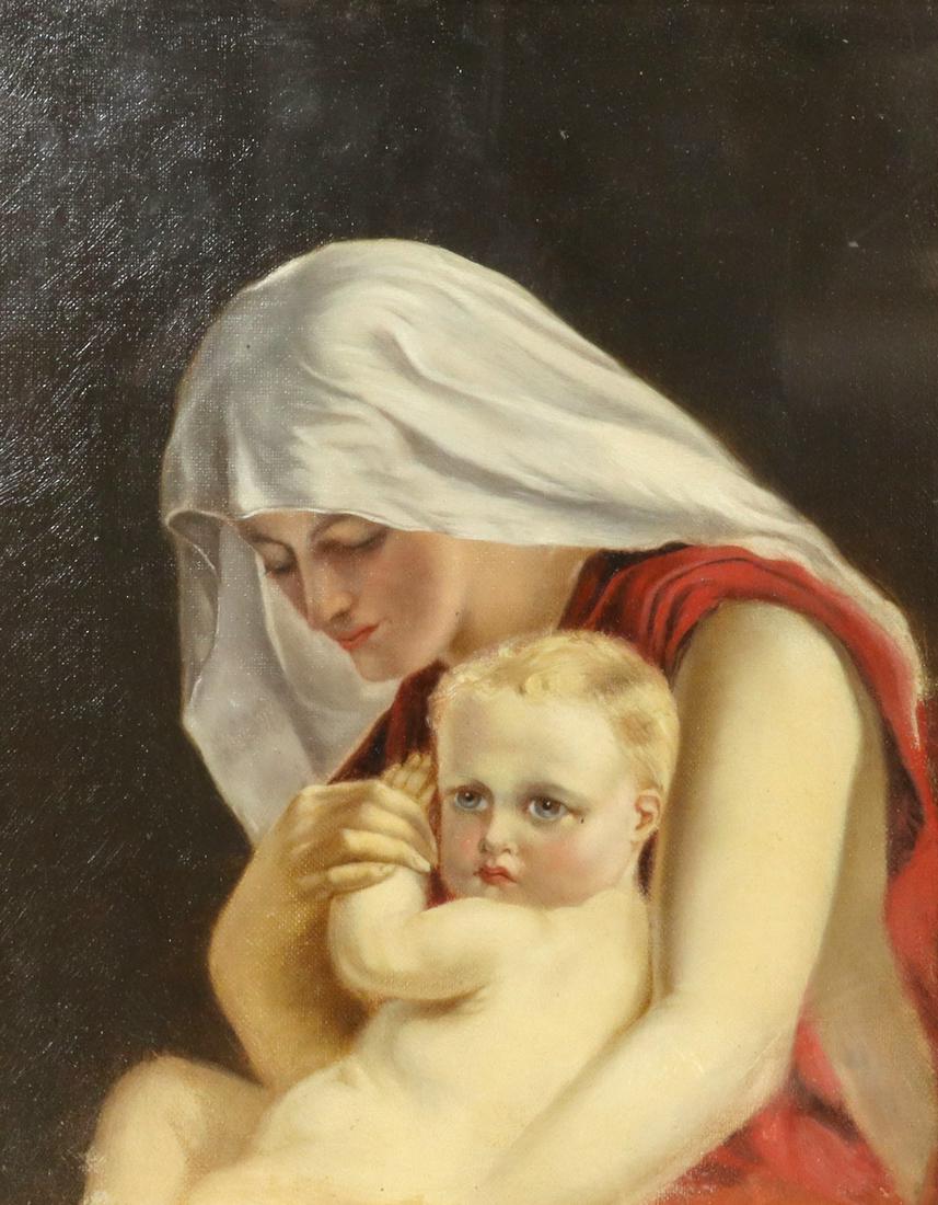 FRAMED OIL PAINTING MADONNA & CHILD: Framed oil on canvas painting, mounted to wood panel, Madonna and Child, signed on paper adhered verso Pritchett, 11, label for The City of London Fine Art Gallery, Gladwell Brothers, sight: 10.5"h, 8