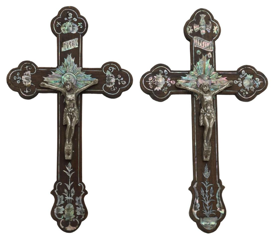 (2) COLONIAL STYLE MOP-INLAID HARDWOOD CRUCIFIXES (1 of 2)