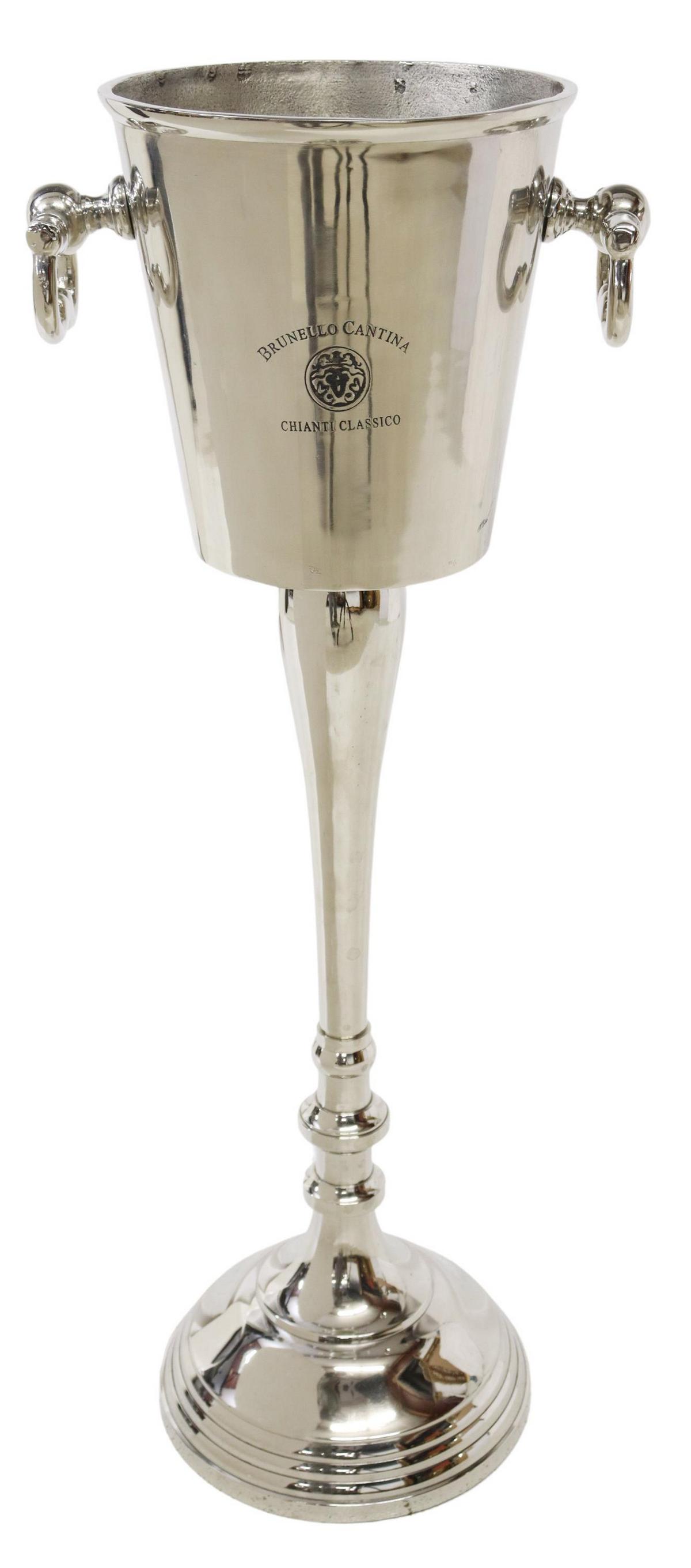 VINTAGE SILVER-TONE METAL WINE COOLER ON STAND: Vintage silver-tone metal wine cooler on stand, late 20th c., with bracket handles, face reading: "Brunello Cantina Chianti Classico," tapered standard, on a domed foot, approx 31"h, 11.5"w, 9"d, 7.25