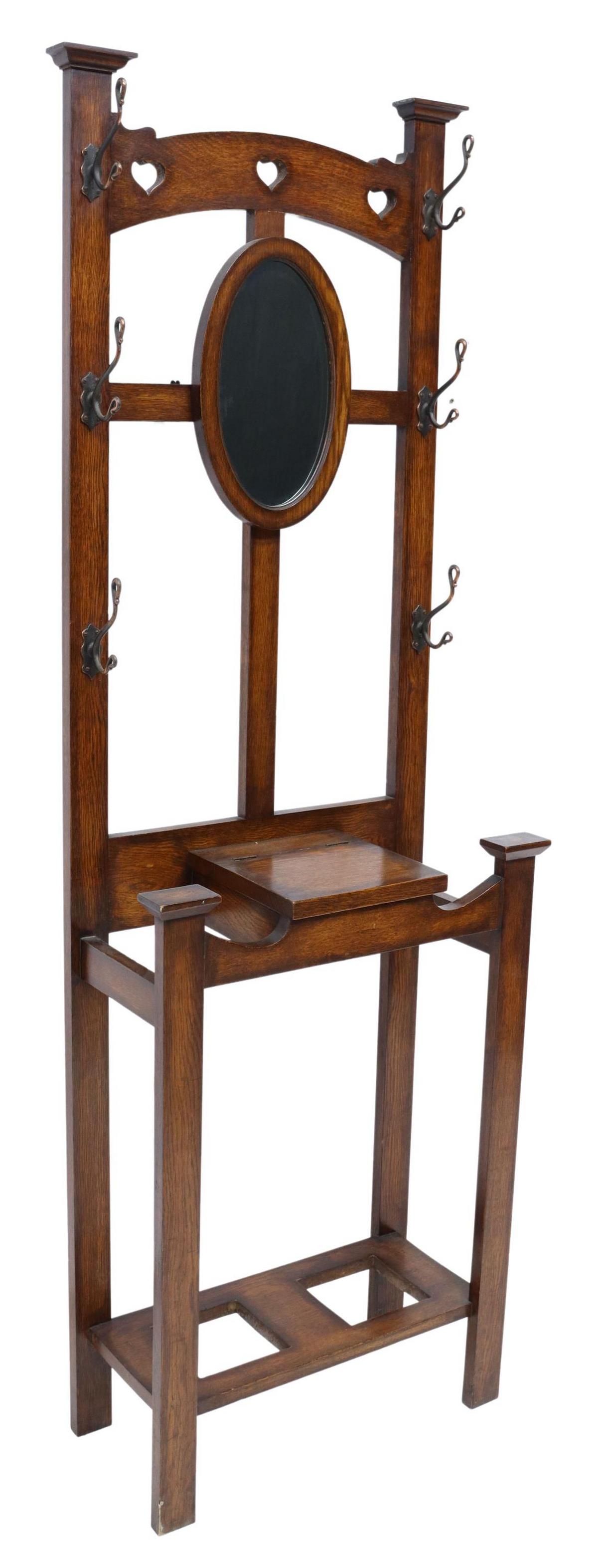 ENGLISH ARTS & CRAFTS OAK MIRRORED HALL TREE (1 of 3)