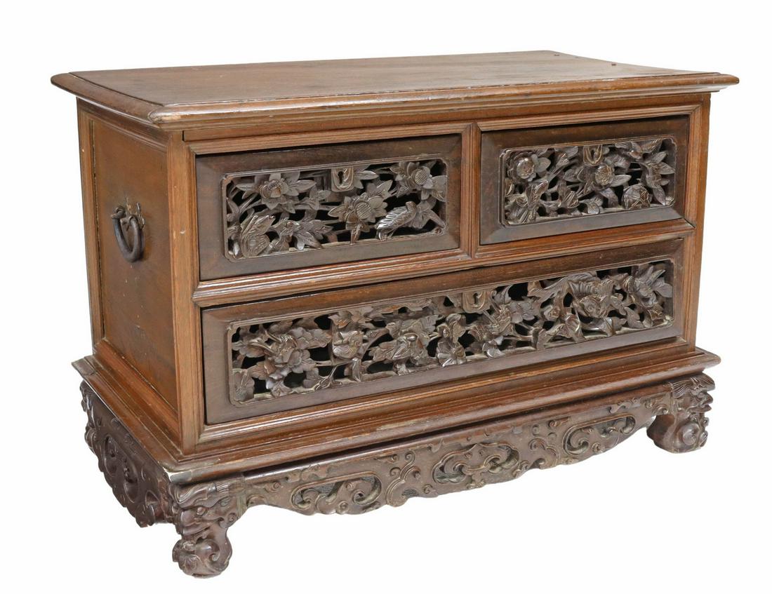 CHINESE CARVED HARDWOOD LOW CHEST OF DRAWERS (1 of 6)