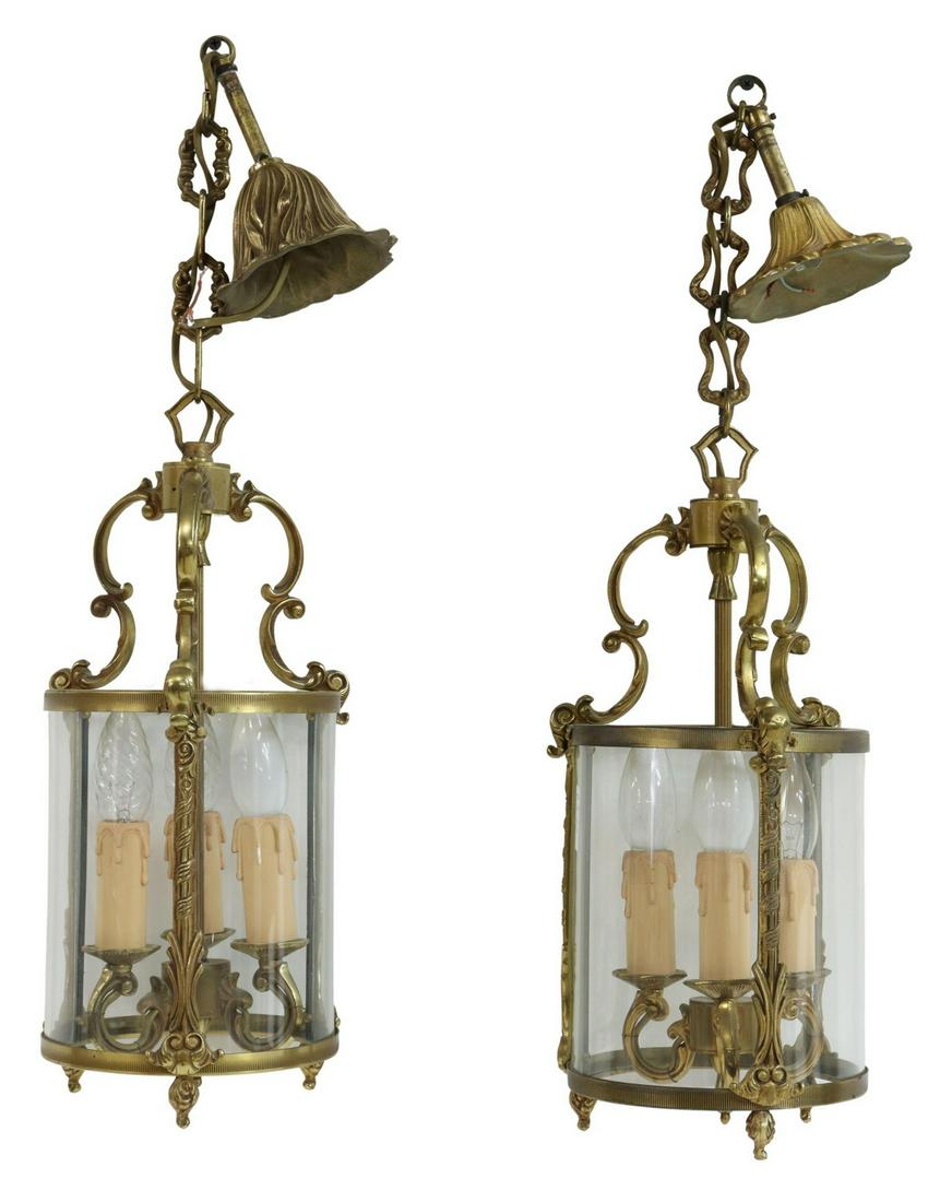 (2) FRENCH BRASS & GLASS HANGING 3-LIGHT LANTERNS (1 of 2)