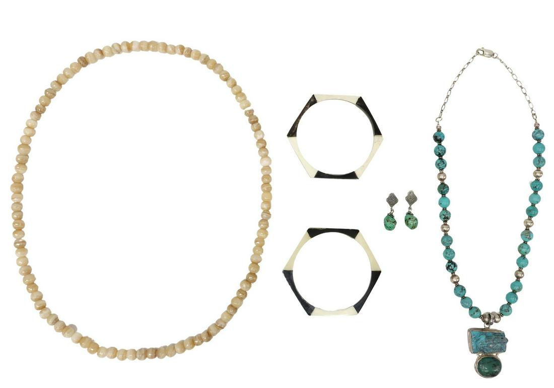 (5) JEWELRY: TURQUOISE & AGATE BEADED NECKLACES: (lot of 5) Jewelry, including: (1) sterling silver and turquoise beaded necklace, pendant with carved frog, bail stamped MD, approx 20.5"l, (1) agate beaded necklace, approx 29"l, (2) horn and bone ba