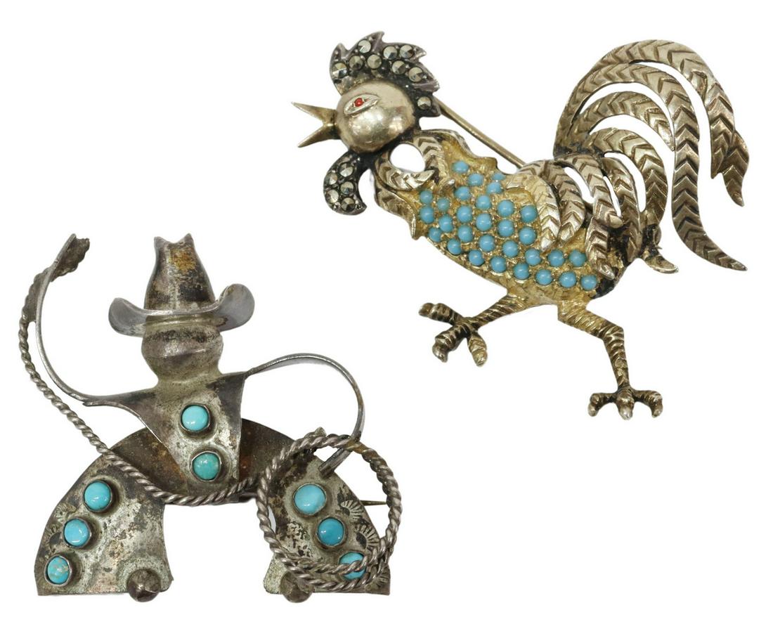 (2) SILVER COWBOY W/ LASSO & ROOSTER BROOCHES (1 of 3)
