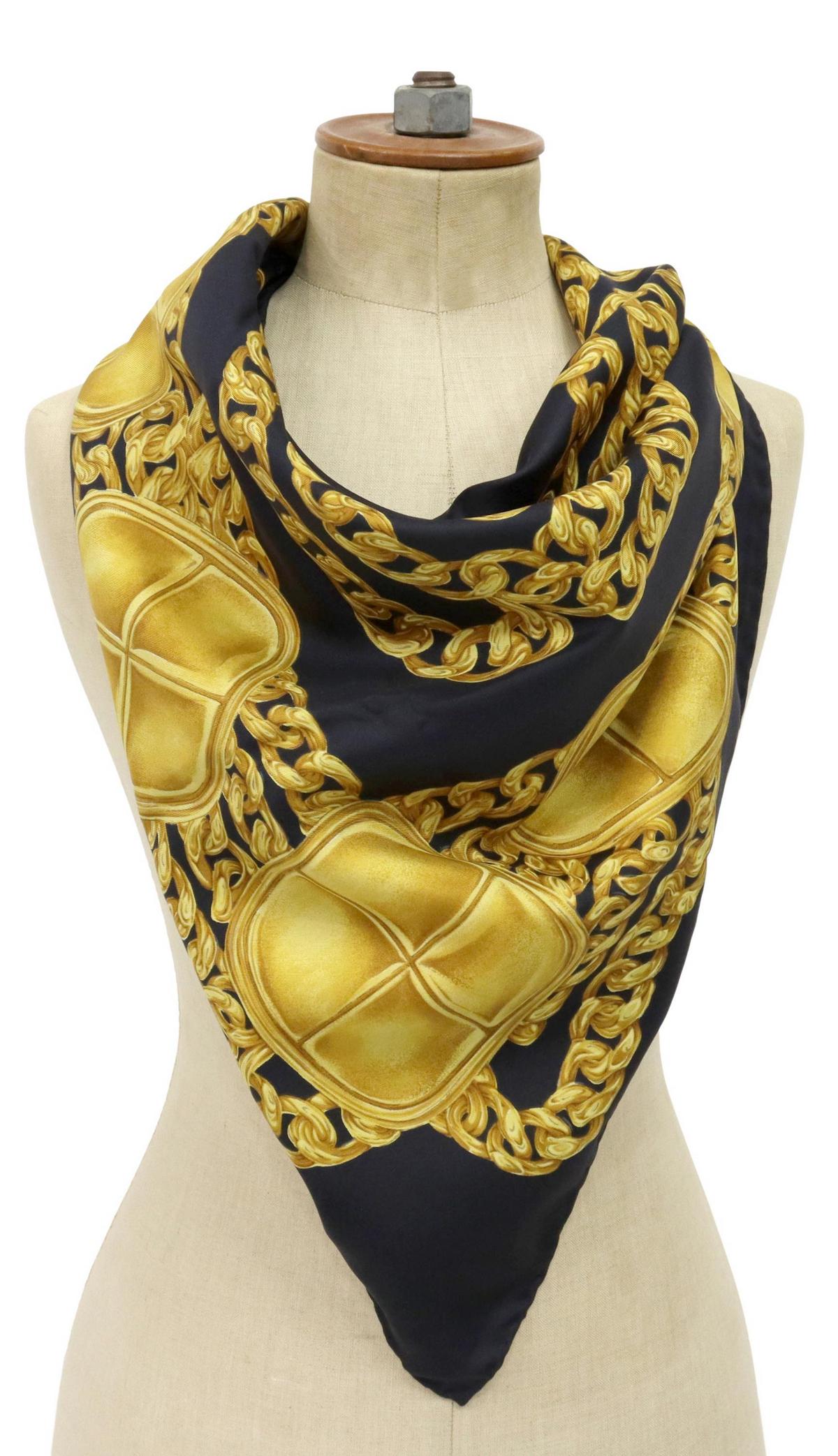 CHANEL BLACK, GOLD PENDANT & CHAIN SILK SCARF (1 of 3)