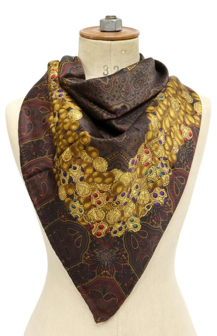 CHANEL PAISLEY & JEWELRY SILK SCARF: Chanel silk scarf, paisley pattern with gold jewelry and polychrome gemstones, retaining original care tag, scarf: approx 34"l, 34"w, 0.25lbs **Provenance: The estate of a Houston Socialite who enjoye