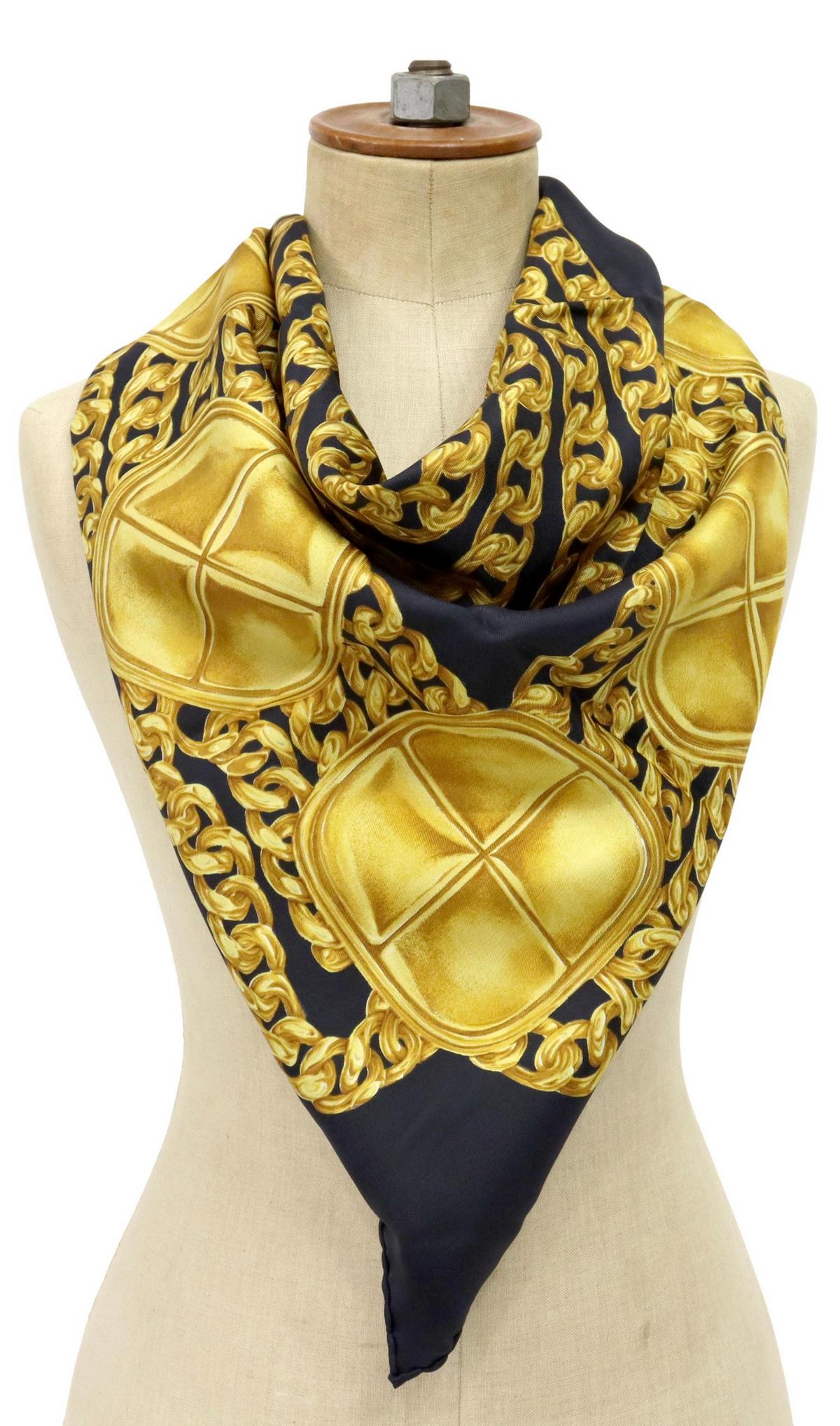 CHANEL BLACK, GOLD PENDANT & CHAIN SILK SCARF (1 of 4)