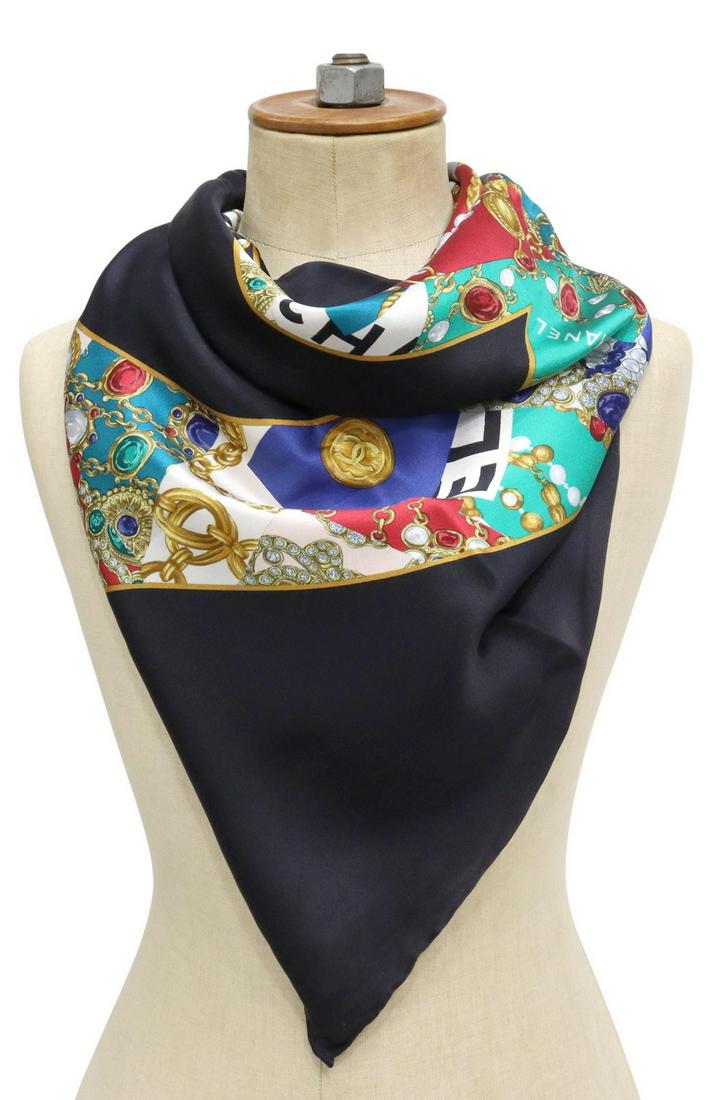 CHANEL BLACK & POLYCHROME CC LOGO SILK SCARF (1 of 4)