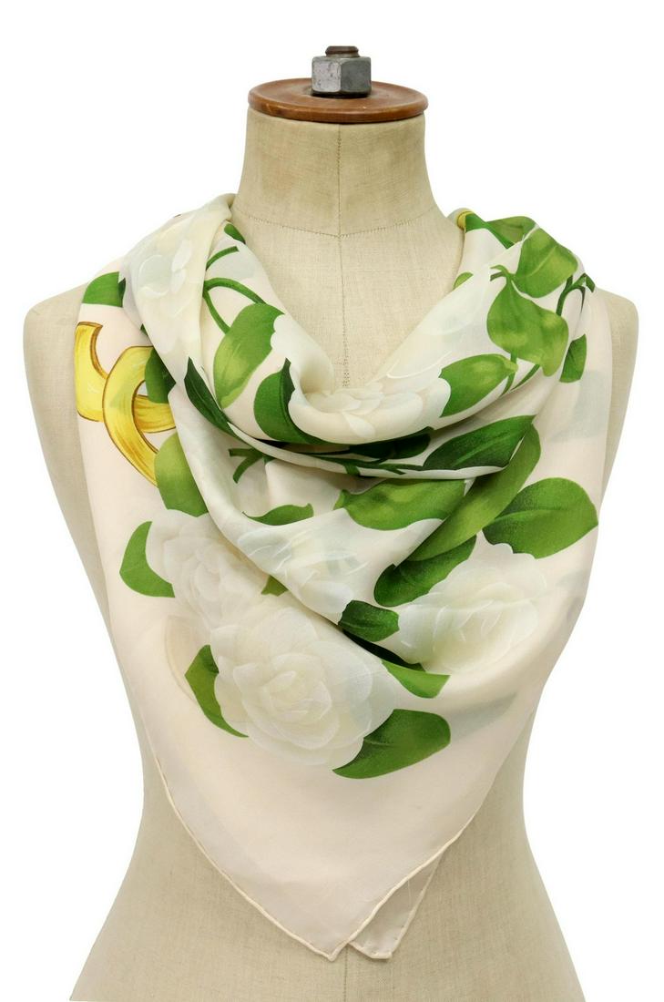 CHANEL WHITE CAMELLIA FLORAL SILK SCARF (1 of 3)