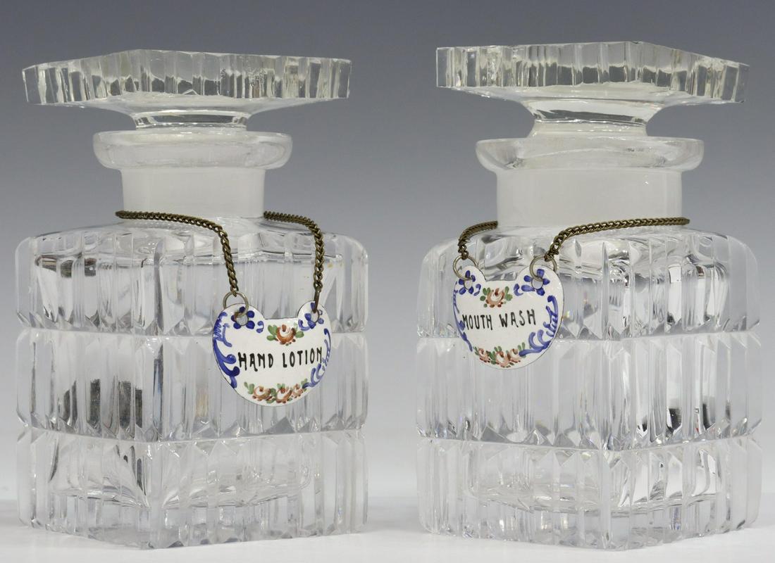 (2) CZECH CUT GLASS DRESSER BOTTLE, ENAMEL TAGS (1 of 3)